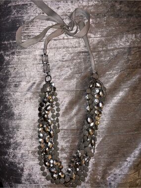 Gray Multi-Strand Sequin and Bead Necklace with Ribbon Tie